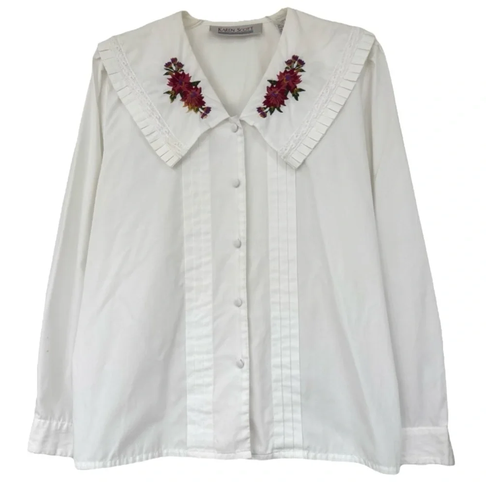 Vintage Victorian Blouse Embroidered Collar Button Front White Rose Red Size 8
